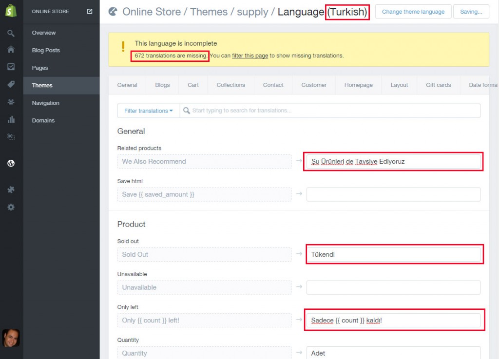 Shopify Türkçe Tema dili