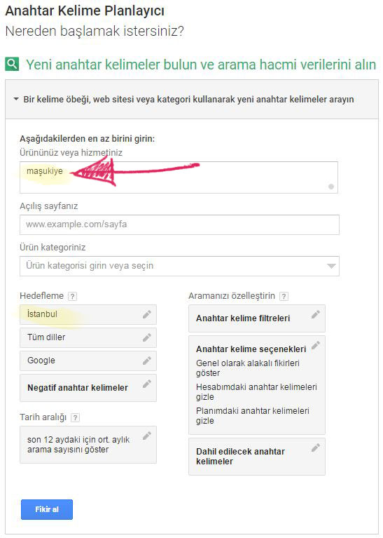 anahtar kelime planlayıcı kelime girişi